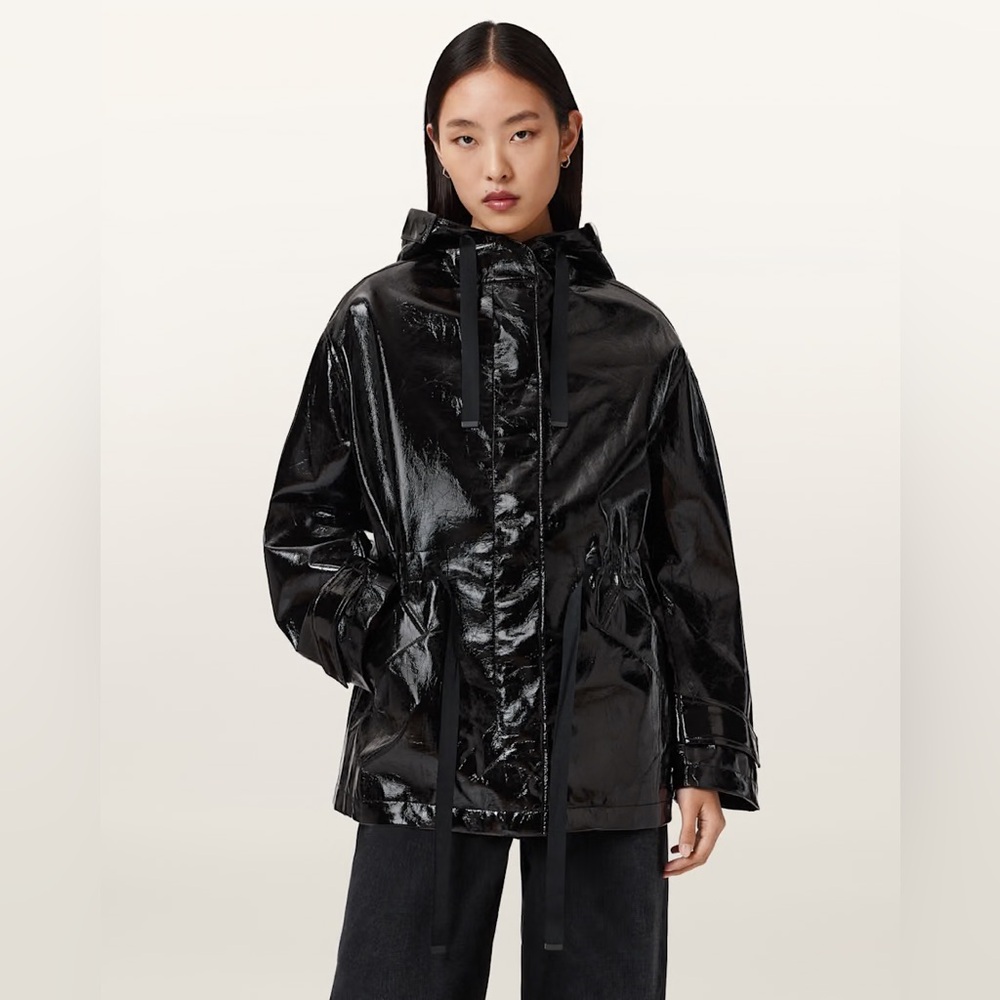 ALLSAINTS Kelsie Black Shine Patent Women's Hooded Jacket All Saints